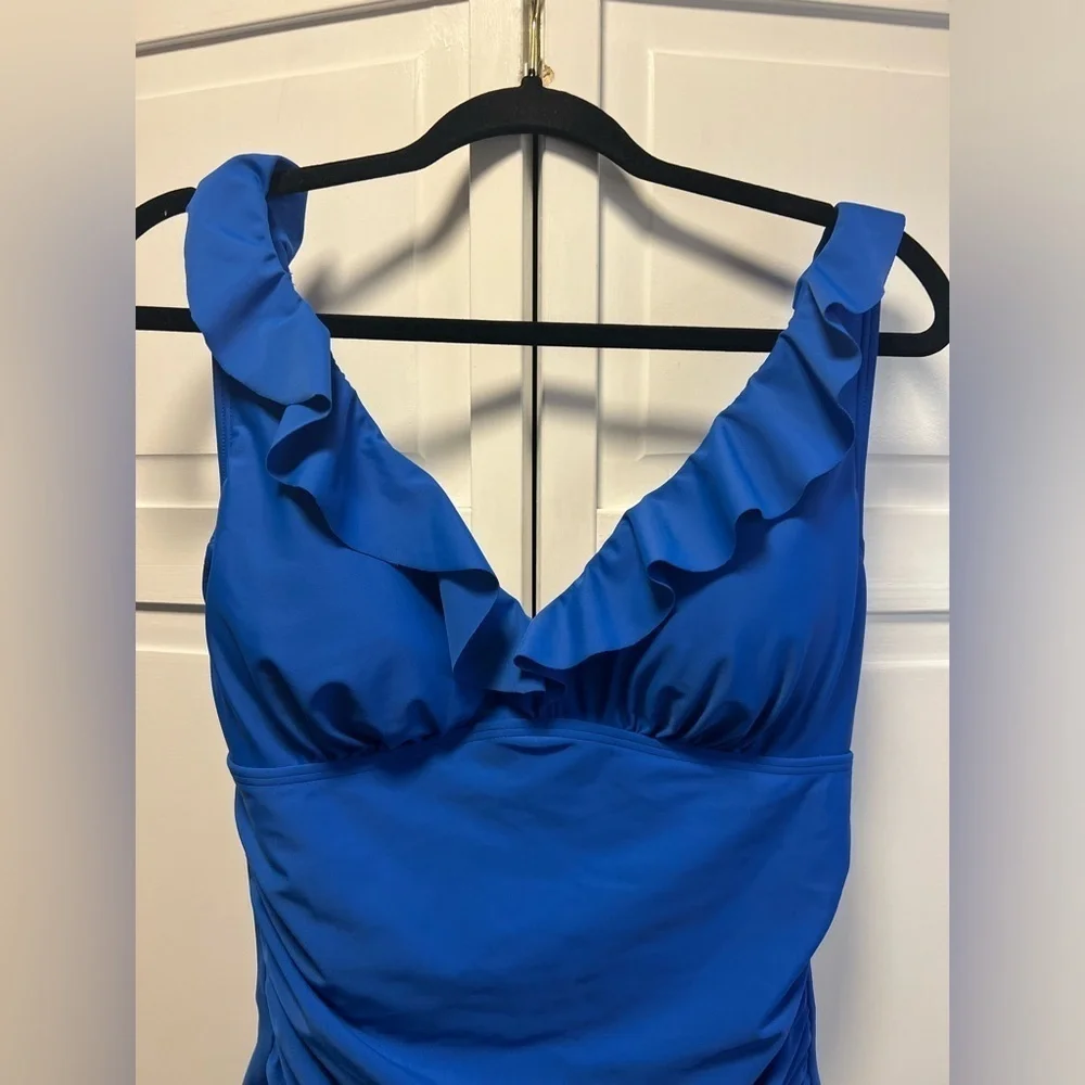 DKNY Ruffle Plunge One-Piece Swimsuit Size Women’s 12 Color Lapis Pacific Blue - Picture 2 of 10